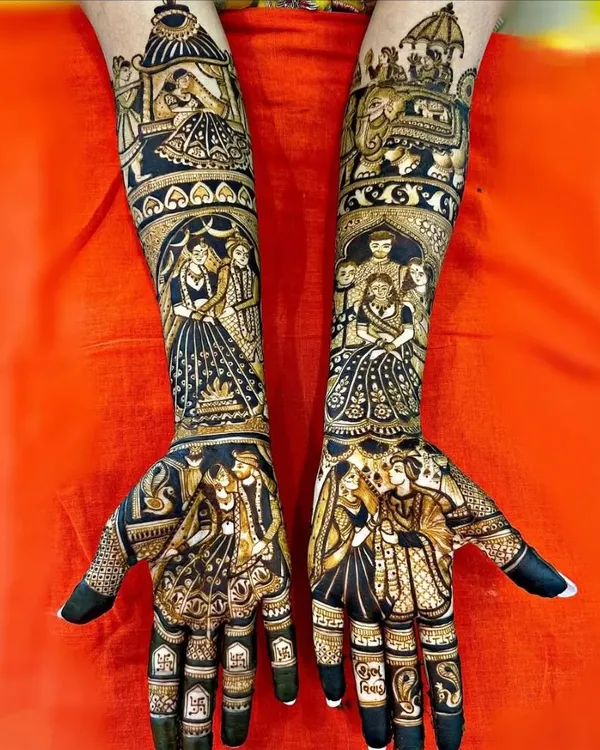 This is a full story mehendi featuring multiple scenes. The palms show the sindoor and varmala ceremony, while the arms depict the doli and the wedding procession.