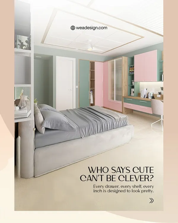Who says cute can't be clever? This child's bedroom uses a playful pastel palette of pink and mint green, with every drawer and shelf designed for both looks and practicality.