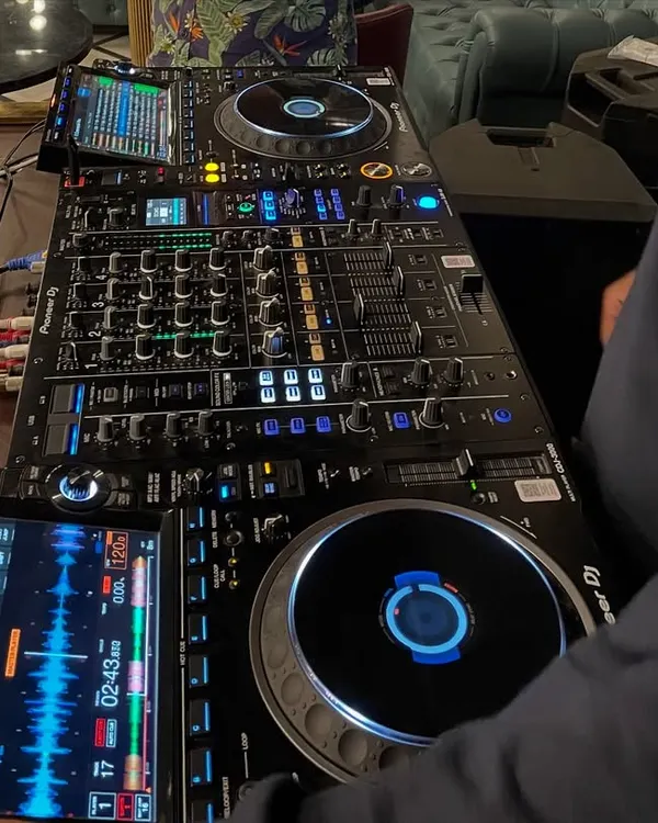 A close-up of my workspace. I only use professional Pioneer DJ gear to ensure the best sound quality for every performance.