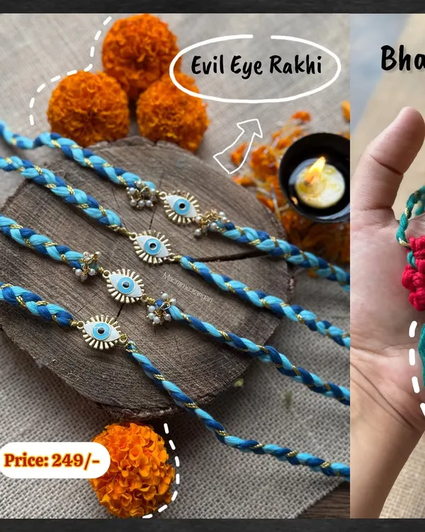 Our Evil Eye Rakhi is designed to protect your brother from harm. It's a modern, stylish take on the traditional Rakhi, made with braided cotton cords.