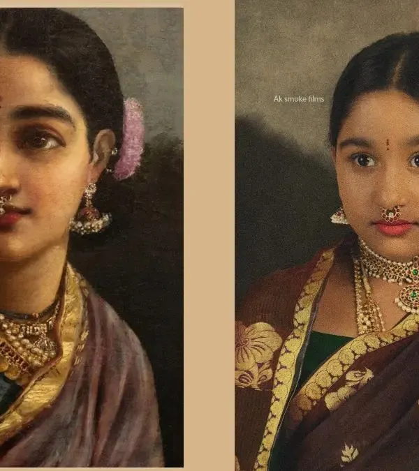 A side by side comparison of my recreation of a classic Raja Ravi Varma painting. We meticulously planned the costume, jewelry, and pose to create this fine art portrait.