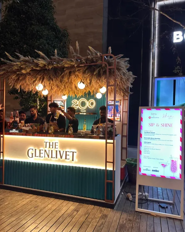 Our fully branded bar for The Glenlivet at the 'The Skin Affair' event by Tira Beauty. This shows our capability to deliver high-end, customized setups for luxury brand partners.
