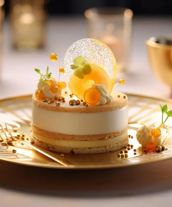 A stunning multi-layered dessert on a golden plate, adorned with delicate sugar work and fruit pearls. This creation from our dessert brand, Shakkr, exemplifies our commitment to global dessert artistry.