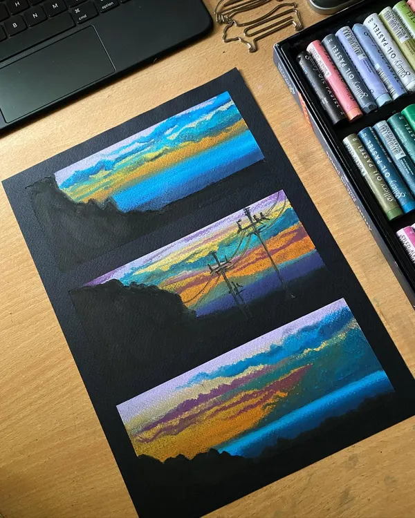 The finished triptych of mini-landscapes created with oil pastels on black paper. I love how this medium allows for such rich color blending to capture different times of day.