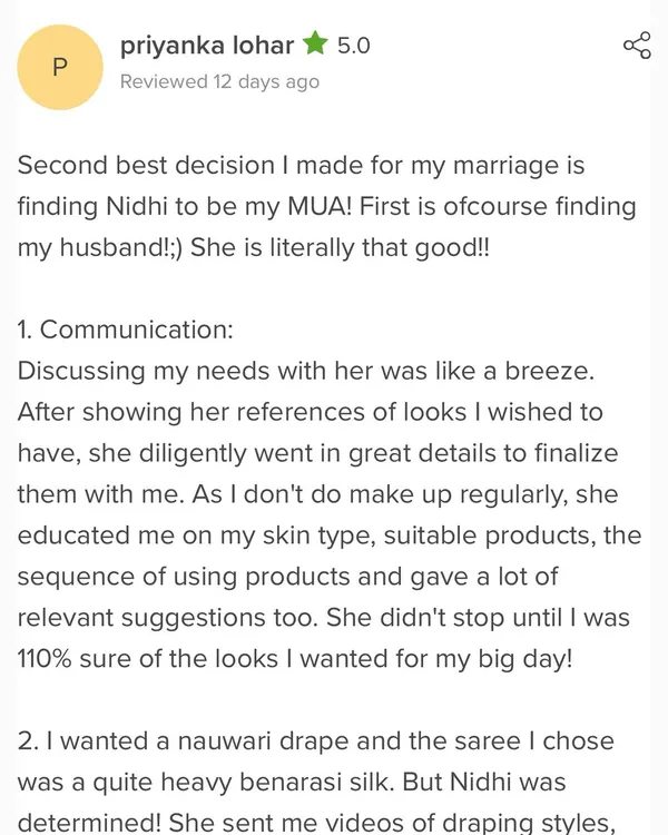 "Second best decision I made for my marriage was finding Nidhi to be my MUA! First is ofcourse finding my husband! ;)" Reviews like this are why I do what I do.