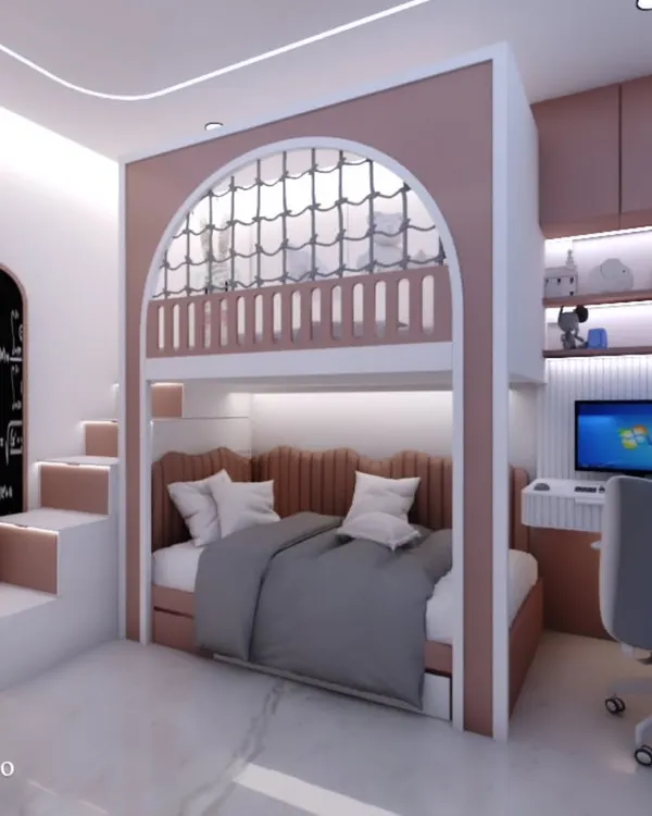 This whimsical kids' room was designed for a girl, featuring a bunk bed with a playful arch and safety net. The design includes built-in steps with storage and an integrated study desk.