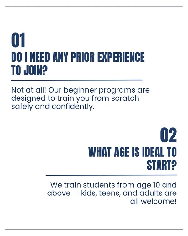 You do not need any prior experience to join our academy. Our beginner programs are designed to train you from scratch, and we welcome students from age 10 and above.