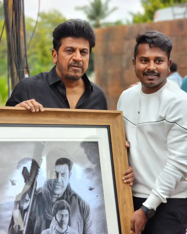 A moment I'll never forget: presenting my 'Ghost' movie poster sketch to the legendary actor Shivarajkumar himself. His appreciation for the art was incredibly rewarding.