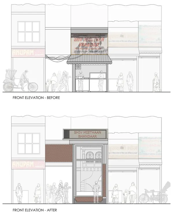 A before-and-after front elevation drawing for Shiv Mishthan Bhandar. This illustrates the planned transformation, showing how the new facade design provides a modern, clean, and more inviting storefront.