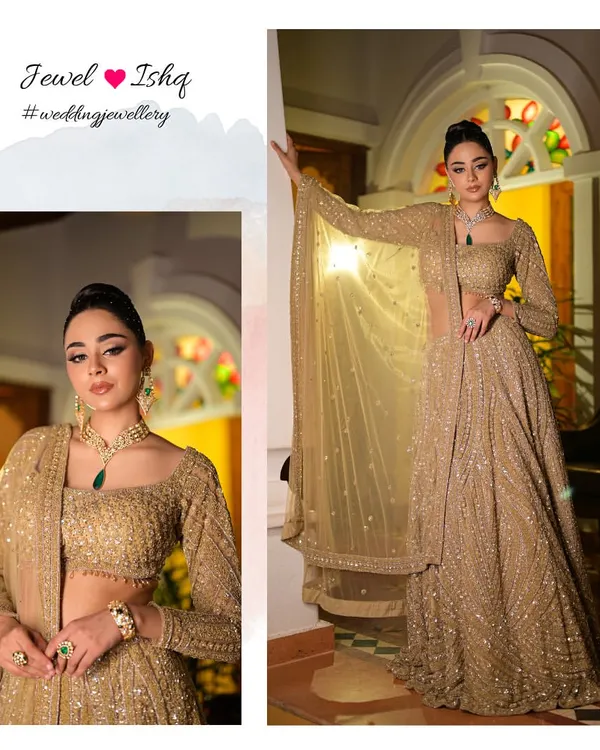 A full view of our Moissanite Polki set, paired with a stunning golden lehenga. This look is perfect for a bride who wants traditional elegance for her wedding ceremony or reception. The set includes a necklace, earrings, bangles, and a statement ring.