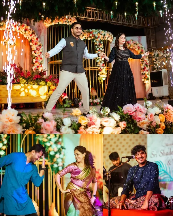 This collage captures the vibrant energy of a Sangeet night. It shows the couple's choreographed dance, candid moments of guests dancing, and the live musicians who set the mood for the celebration.