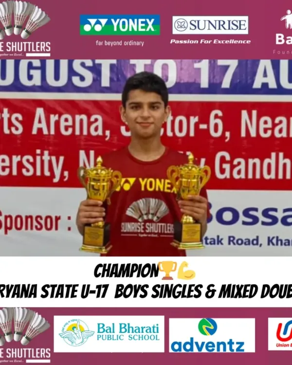 **Haryana State U-17 Champion.** Vedant Pahwa with his two trophies after winning both the Boys' Singles and Mixed Doubles titles at the Haryana State Championships.
