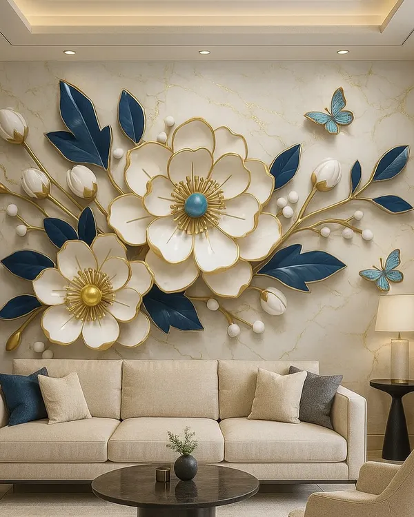 This royal blue and white 3D floral wallpaper creates a stunning focal point. The embossed flowers with gold-trimmed edges give a realistic, layered effect, making the wall a piece of art in itself.
