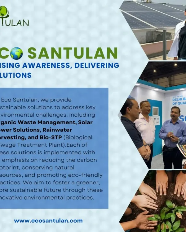 At Eco Santulan, we are focused on raising awareness and delivering solutions. This graphic provides an overview of our core services, including solar power, organic waste management, and rainwater harvesting.
