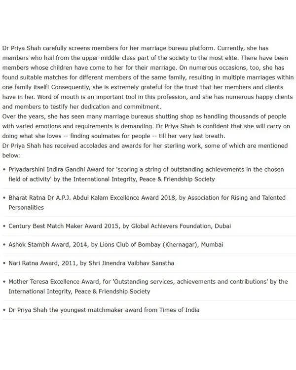 This article details some of the many accolades I have received, including the Priyadarshini Indira Gandhi Award, Bharat Ratna Dr. A.P.J. Abdul Kalam Excellence Award, and the Century Best Match Maker Award in Dubai. Each one is a reminder of my commitment to my clients.