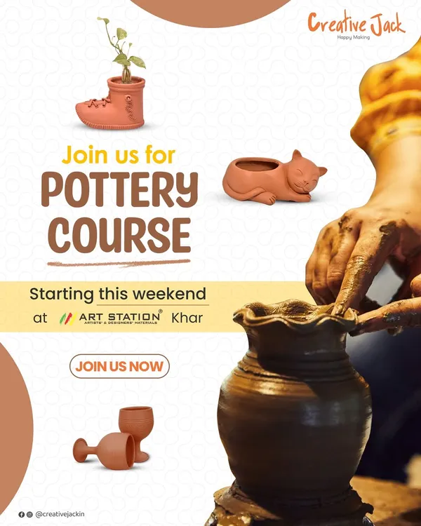 An announcement for my pottery course, showcasing a variety of charming, handmade clay items you can learn to create, from planters to goblets.