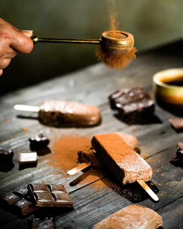 An action shot capturing cocoa powder being dusted over rich, chocolate-flavored popsicles. The dark, moody styling and dynamic motion make this dessert look incredibly indulgent.