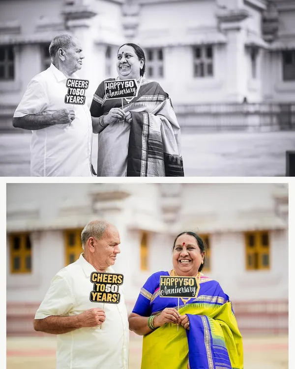 Celebrating 50 golden years. This couple's joy is infectious as they pose with "Happy 50th Anniversary" signs, captured in both color and black and white.