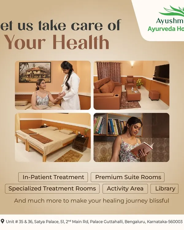 This collage offers a glimpse into our fully-fledged Ayurvedic hospital in Guttahalli. It showcases our premium facilities, including in-patient treatment rooms, comfortable suite rooms, and a library, all designed to make your healing journey blissful.
