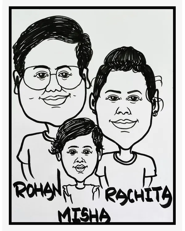 A fun family caricature, capturing the smiles of Rohan, Rachita, and little Misha. We can draw individuals, couples, or whole families.