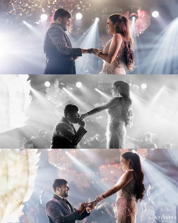 A collage of Harshit and Kritika's romantic stage performance, capturing the proposal and dance in both color and black and white.
