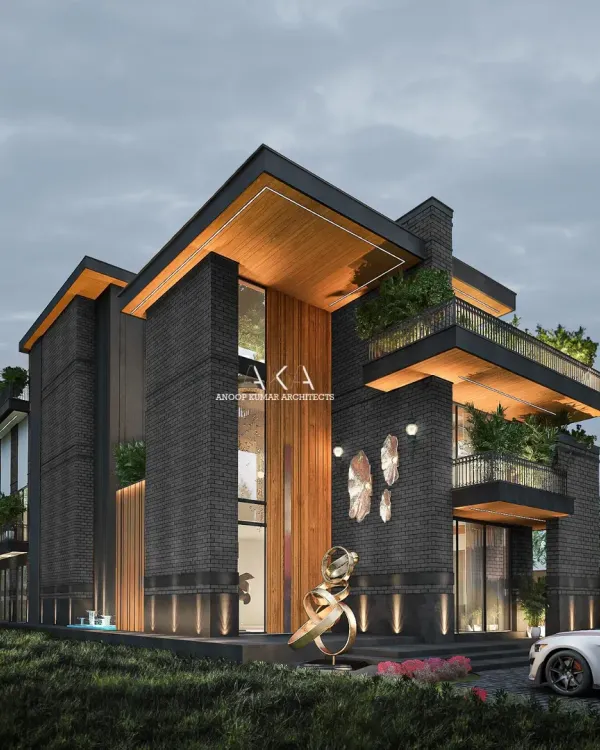 This rustic farmhouse design showcases a powerful monochrome aesthetic, blending dark brick with warm wood accents. The architecture emphasizes strong lines, double-height spaces, and integrated landscape elements like terrace gardens to create a luxurious yet grounded modern residence.