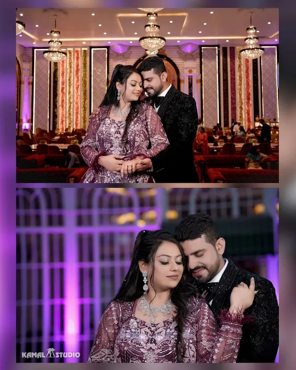 An intimate collage of the couple, Tanya and Sahil, lost in each other's embrace during their engagement celebration.