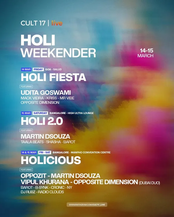 Our Holi Weekender poster, showcasing a multi-day, multi-city takeover. We produce simultaneous Holi events in Bangalore and Goa, featuring distinct lineups and experiences under one festival brand.