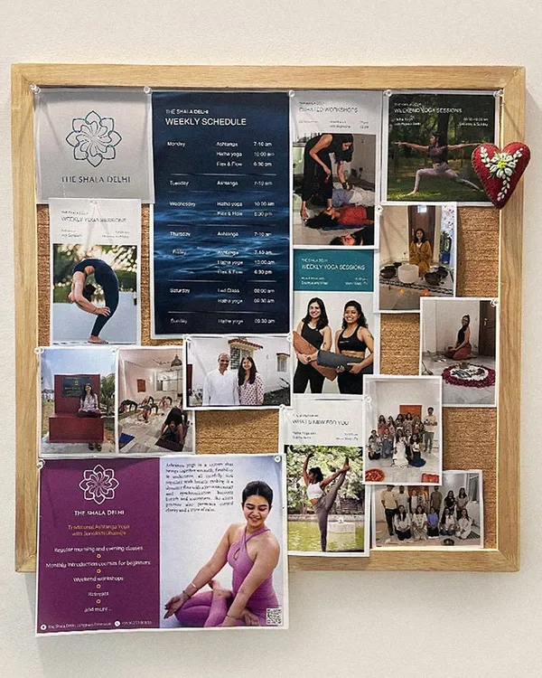 Our community bulletin board, filled with memories, schedules, and inspiration. It's a reflection of the vibrant life and energy that flows through our shala every day.