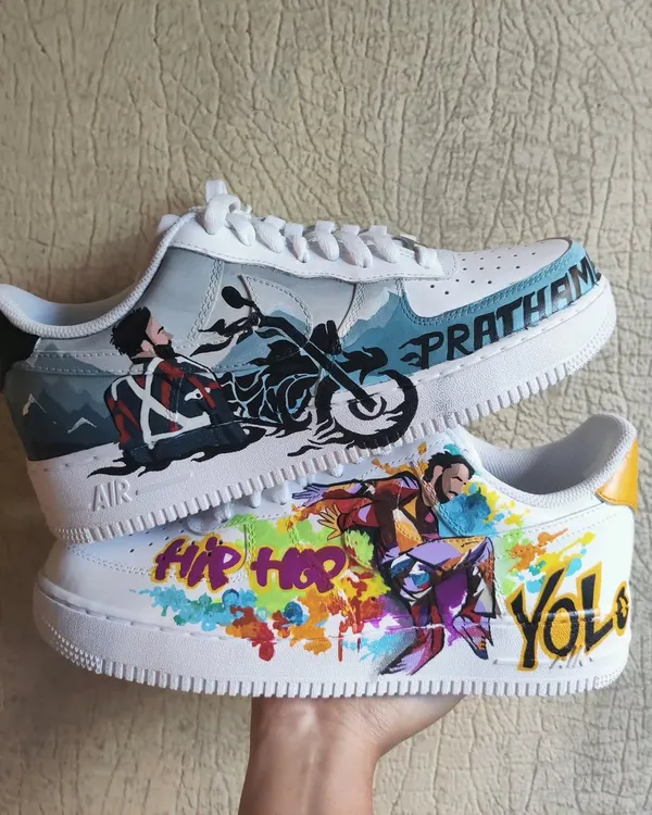 This was a super personal piece for a client, reflecting his two biggest passions: hip hop dance and bike rides. I used two different styles and color palettes on each shoe to represent his dual personalities. One side is calm and cool like 'pahad and chai', the other is explosive and colorful.