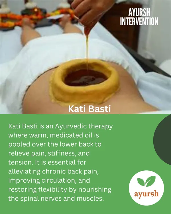 This is a close-up of the Kati Basti therapy. Warm, medicated oil is pooled over the lower back within a dough dam to alleviate chronic back pain, improve circulation, and restore spinal flexibility by nourishing the nerves and muscles.