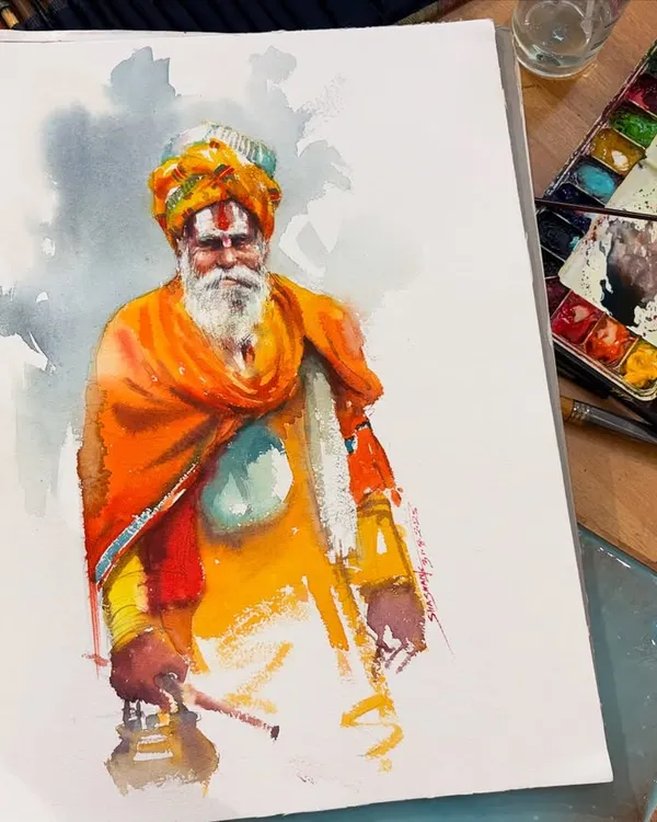 This is a watercolor portrait I created during a demonstration at my Bangalore workshop. Capturing the spirit and story in a person's face is one of the most rewarding aspects of art, and it's a key focus in my portraiture classes.