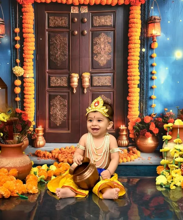 Capturing the divine innocence of a baby Krishna. This Janmashtami theme features traditional elements like matkas, marigolds, and a beautiful night sky backdrop.