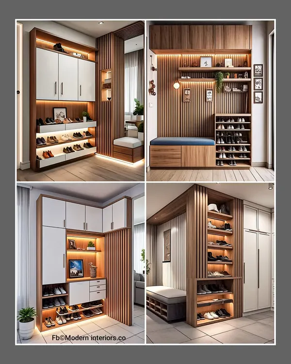 A collection of four elegant shoe rack and entryway designs. Each concept uses warm wood tones and soft lighting to create a welcoming atmosphere, combining seating with both open and closed storage.