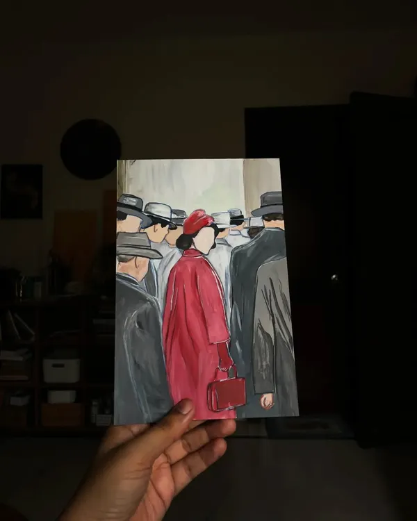 "I want a big life. I want to experience everything." This painting is inspired by Midge Maisel, a character who embodies fearless ambition. Her red coat stands out against a grey world, a symbol of breaking the rules and painting your own story.