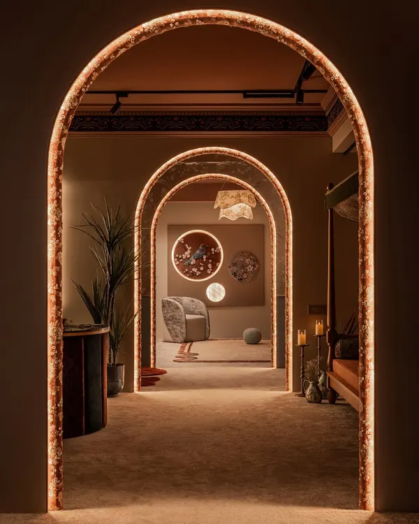 This is the heart of the Moire studio, a series of fabric-wrapped arches that create a visual rhythm, drawing you deeper into the space. We designed these not just as passageways, but as architectural moments that make the journey through the boutique an experience in itself.