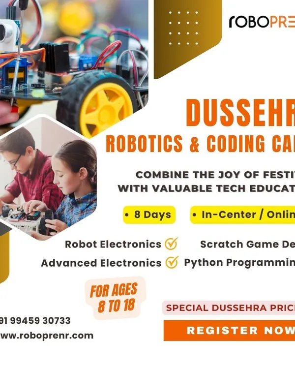 Announcing our Dussehra Robotics & Coding Camp. This 8-day program, available online or in-center, combines the joy of the festival with valuable tech education in electronics, Scratch, and Python.