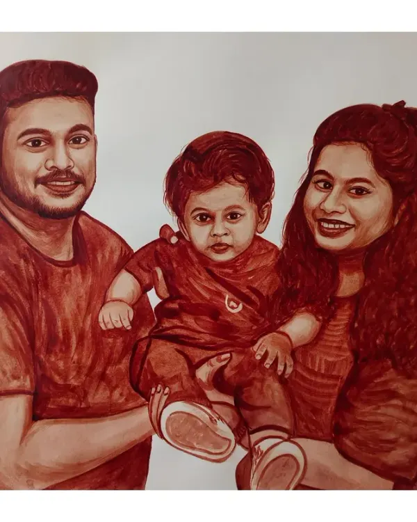 A beautiful blood portrait of a young family. This 16x24 inch painting captures the parents holding their child, creating a priceless memory.
