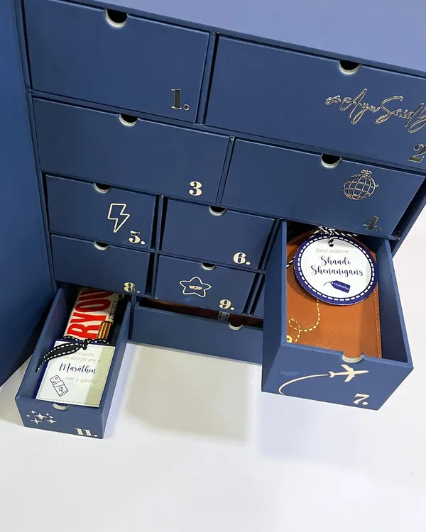 A peek inside the groomsmen advent calendar. Each numbered drawer reveals a unique, personalized gift, like a custom passport holder or a chocolate bar for a mid-wedding marathon.