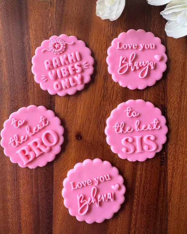 Our Fondant Stamps Collection for Raksha Bandhan, featuring designs like 'Rakhi Vibes Only', 'Love you Bhaiya', and 'to the best BRO' to personalize your festive sweets.