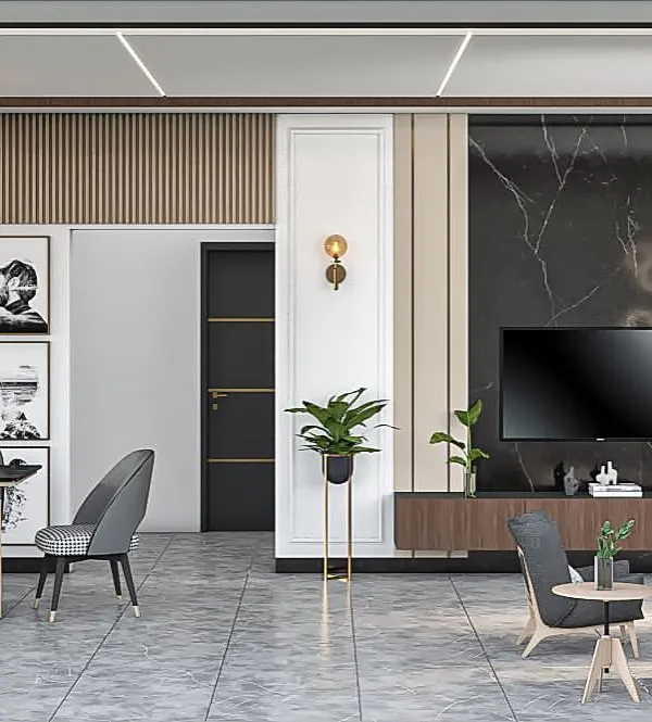 We designed this open-plan residence to be a seamless blend of living and dining. Notice the mix of warm wood slats, a dramatic black marble media wall, and modern lighting fixtures. This is what we mean by creating a complete lifestyle, not just a room.