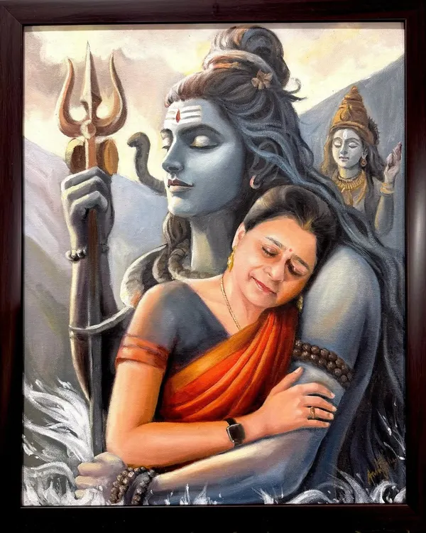 A custom spiritual portrait for a client, depicting her in the embrace of Lord Shiva. These paintings are deeply personal and I work to capture the feeling of devotion and peace.