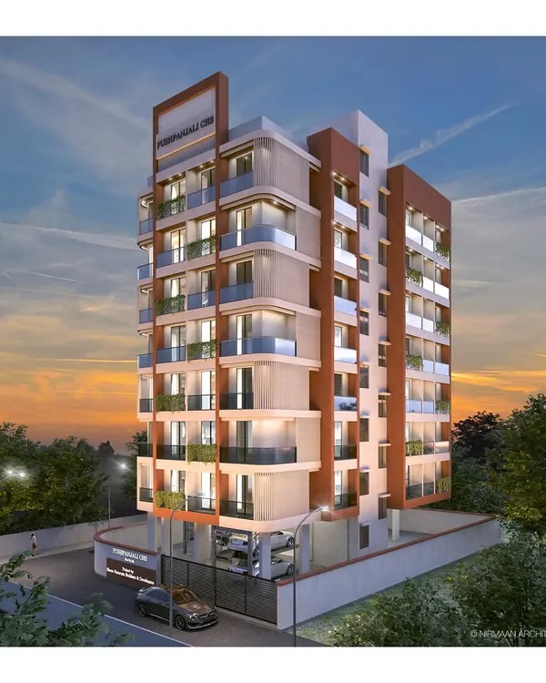 An evening view rendering of a residential building in Panvel. We use lighting in our facade designs to highlight architectural features and create a striking presence after dark.