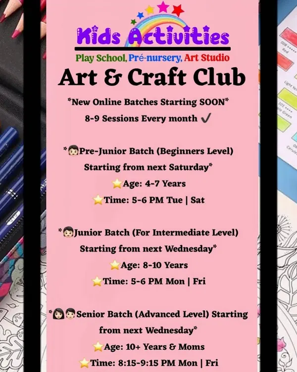 My online Art & Craft Club offers structured learning for different age groups. This schedule details the Pre-Junior, Junior, and Senior batches, with specific timings and levels from beginner to advanced, making art accessible from home.