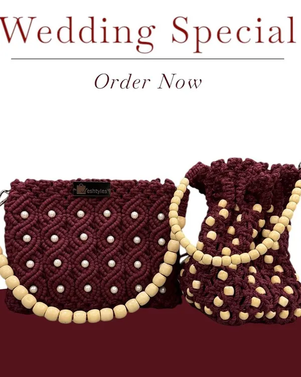 My wedding special collection! Featuring a maroon clutch with pearl work and a matching potli bag with a wooden bead handle.