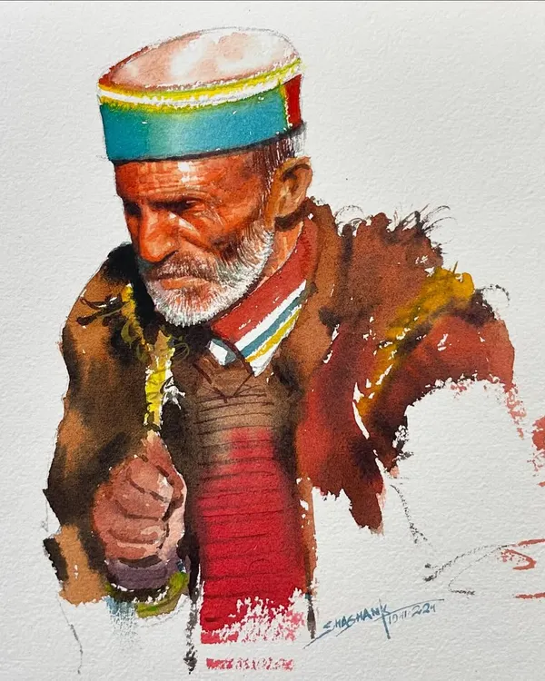 A watercolor portrait of a man from Himachal, focusing on his traditional cap and expressive face. This was a demonstration for an online class.