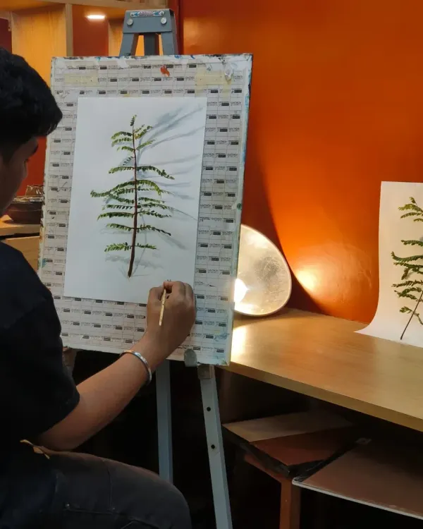 Here is a student in our foundation course practicing live object painting. We believe in training the eye to see before training the hand to paint, a crucial step in building strong artistic skills.