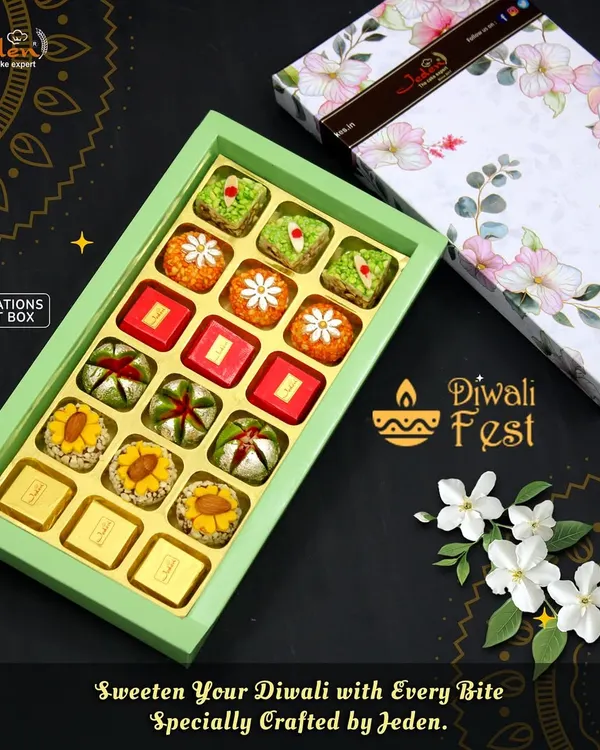 Sweeten your Diwali with our Celebrations Sweet Box. This image showcases a beautiful light green box filled with an assortment of handcrafted Indian sweets, including motichoor ladoo, kaju katli, and other festive delicacies.