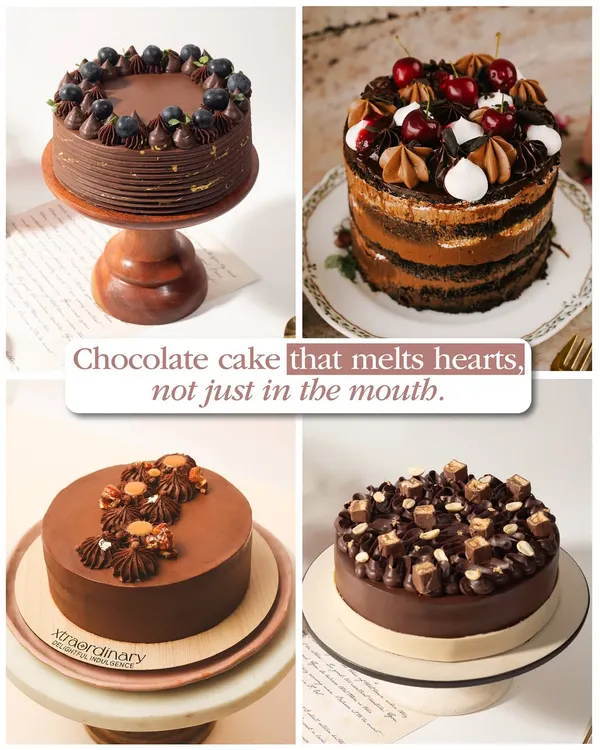 A collage celebrating my love for chocolate cake. From rich ganache and fresh berries to crunchy nuts and caramel, each one is designed to melt hearts.