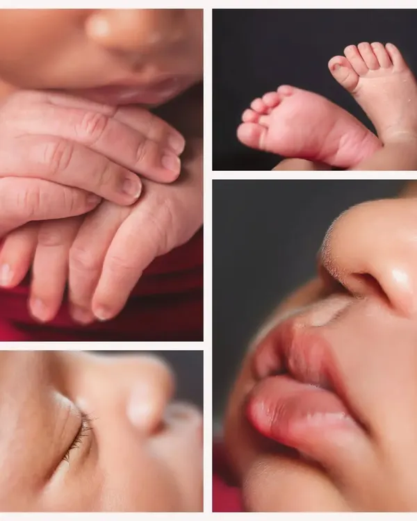 A collage showcasing the precious tiny details of a newborn: clasped hands, tiny feet, delicate lips, and long eyelashes.